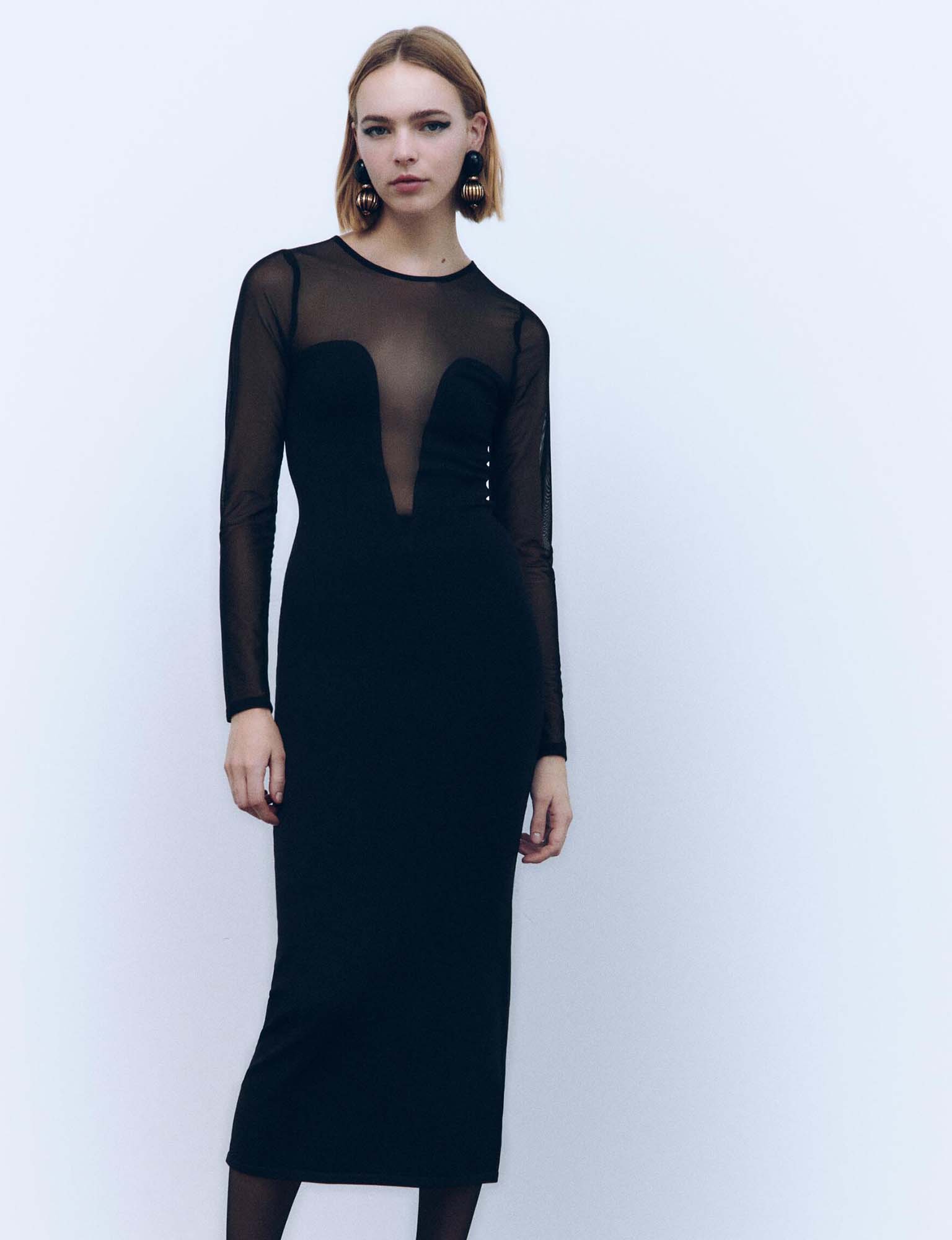 Robe Zara Noire Contrastante Avec Manches Transparentes – Taille S, Neuve Avec étiquettes